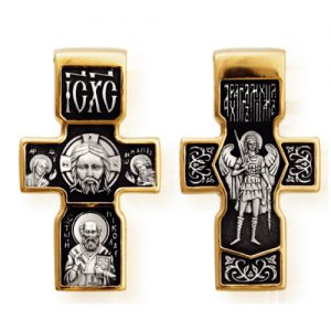 Спас нерукотворный. Святитель Николай Чудотворец. Архангел Михаил. Православный крест со скрытым ушком и широкой вертикальной перекладиной.