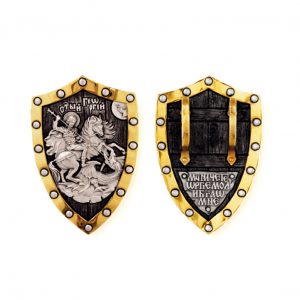 Форма "Щит", двойное скрытое ушко, "заклепки" по краю с двух сторон. Великомученик Георгий Победоносец.